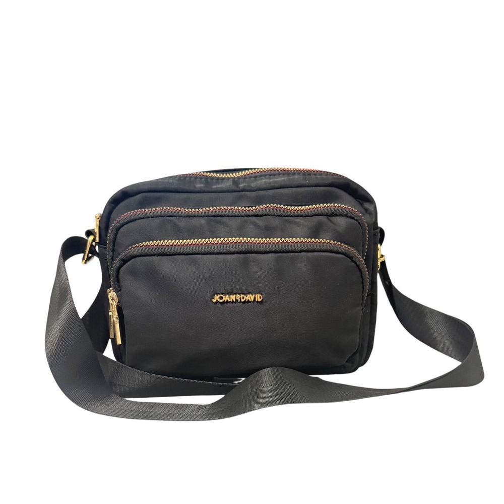 Joan & David Black Nylon Crossbody Purse Bag Gold Hardware Multi-Zip Organizer